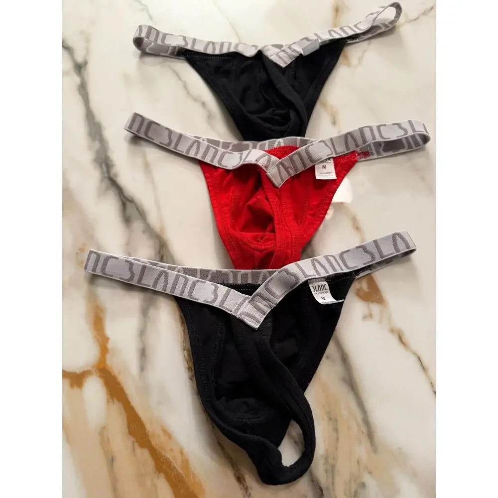 NEW Set Of 3 Blanc Menswear Cotton Classic G-String Thong Color Black Red Medium